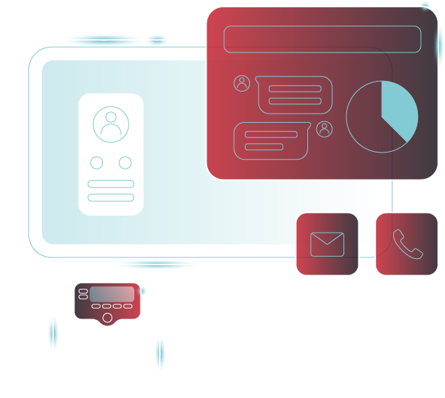 Illustration of a customizable business VoIP phone system with desktop, mobile, and desk phone interfaces connected through the cloud.